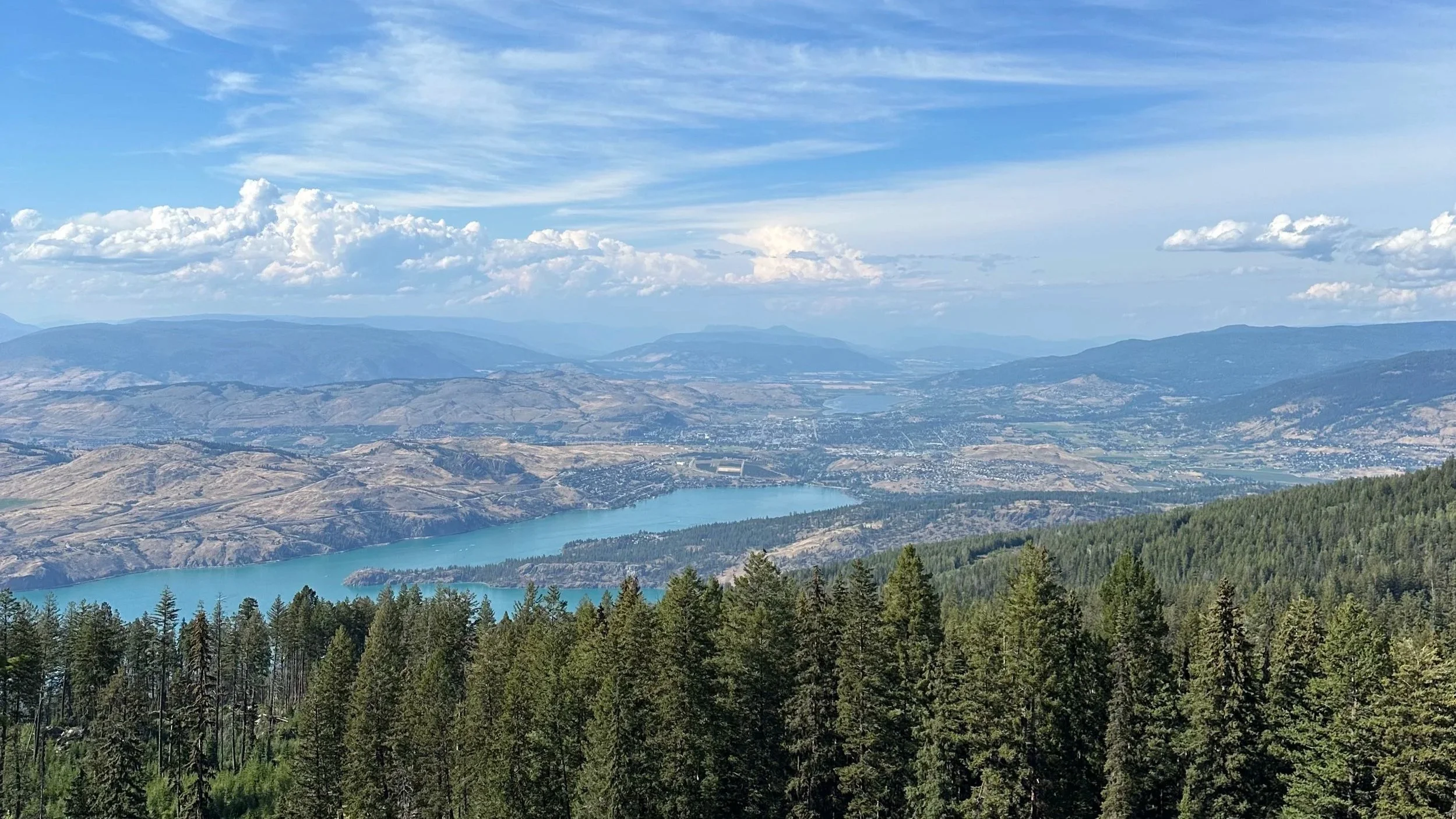 Scenic view of a large lake surrounded by green forests and rolling hills under a partly cloudy sky.