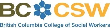 Logo of British Columbia College of Social Workers, with BC on the left and CSW on the right, separated by a blue flower.