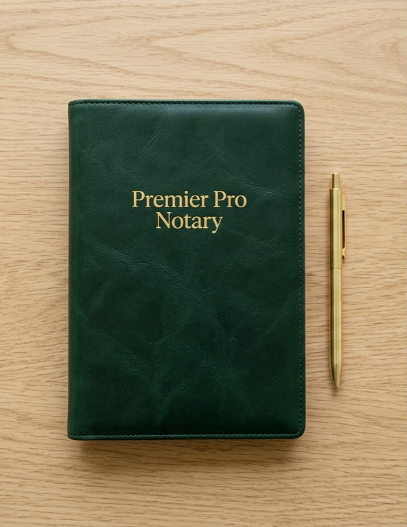 A green leather-bound notebook with gold lettering that reads "Premier Pro Notary" is placed on a light wooden surface, next to a matching gold pen.