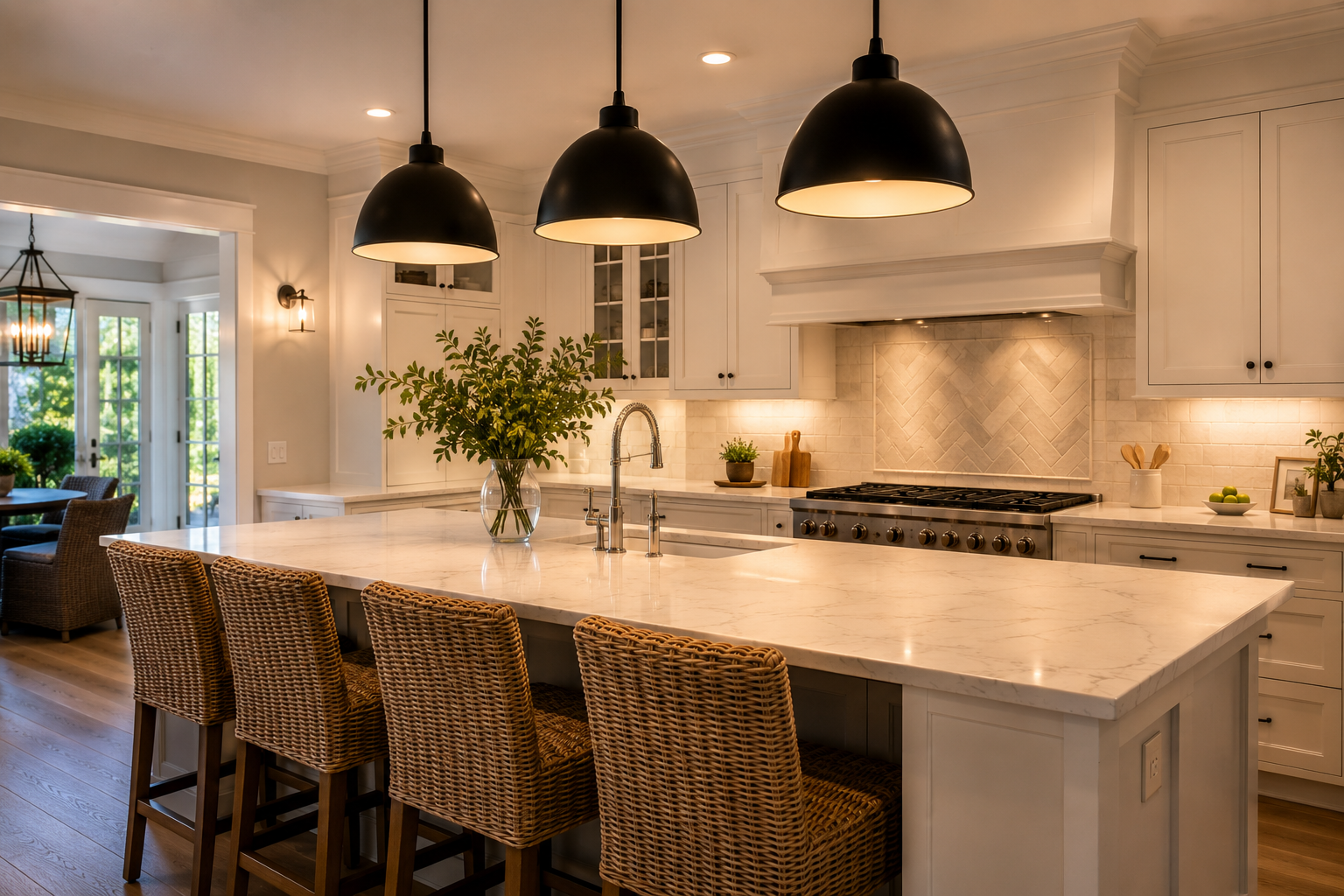 Modern white kitchen with marble island, black pendant lights, and wicker bar stools, with a view into a bright dining area. Long Island Hamptons New York