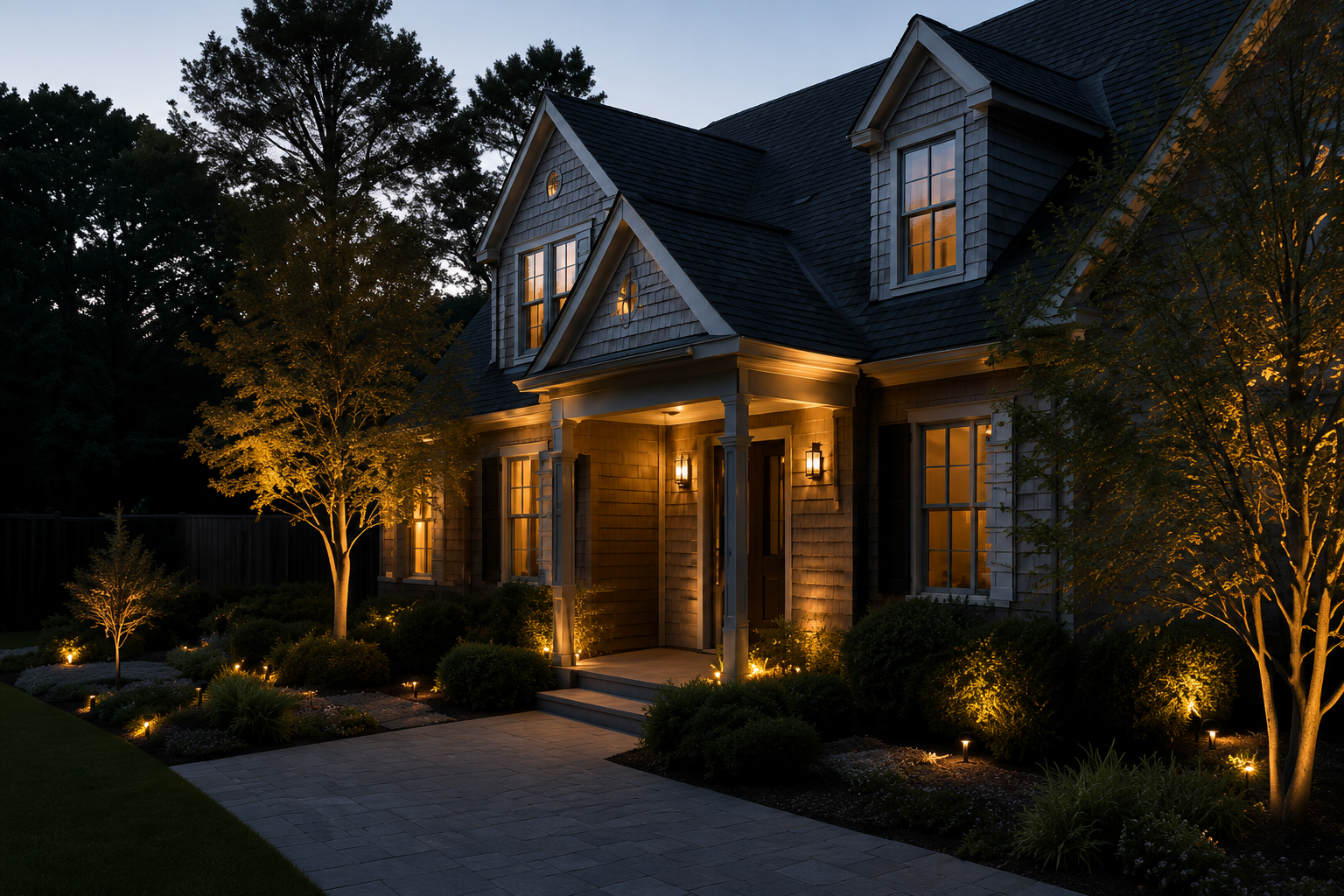 A house at night with warm exterior lighting illuminating the front porch, windows, and landscaping, surrounded by trees and a paved walkway. Long Island Hamptons New York