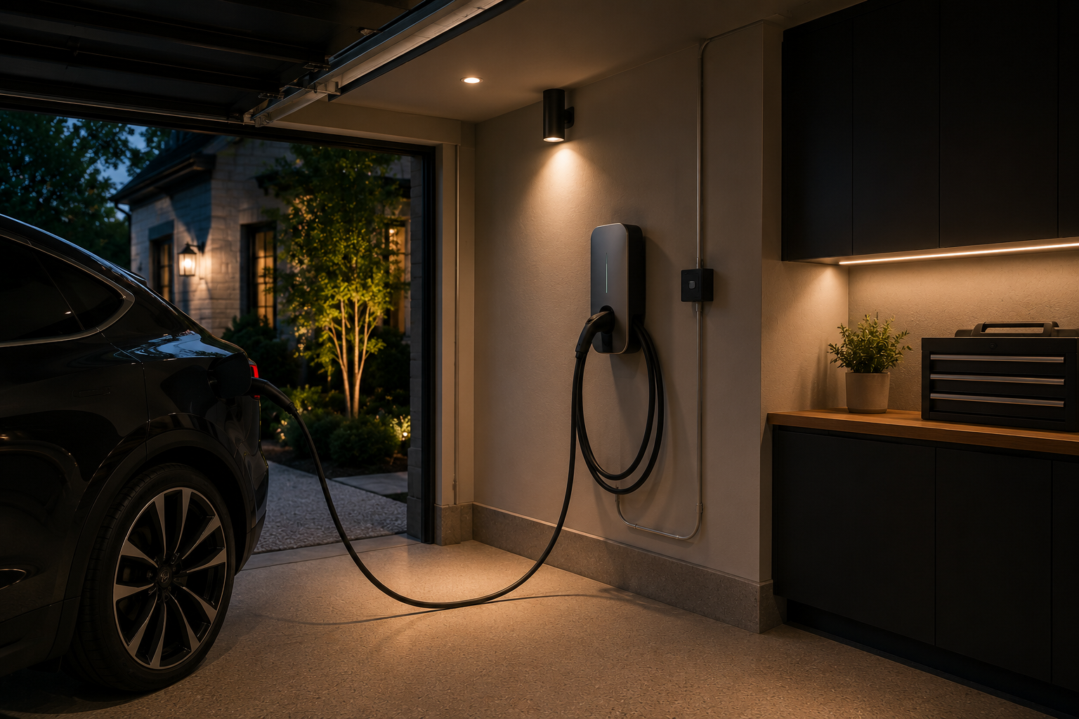 An electric vehicle being charged in a garage with a view of a garden outside at dusk. Long Island Hamptons New York