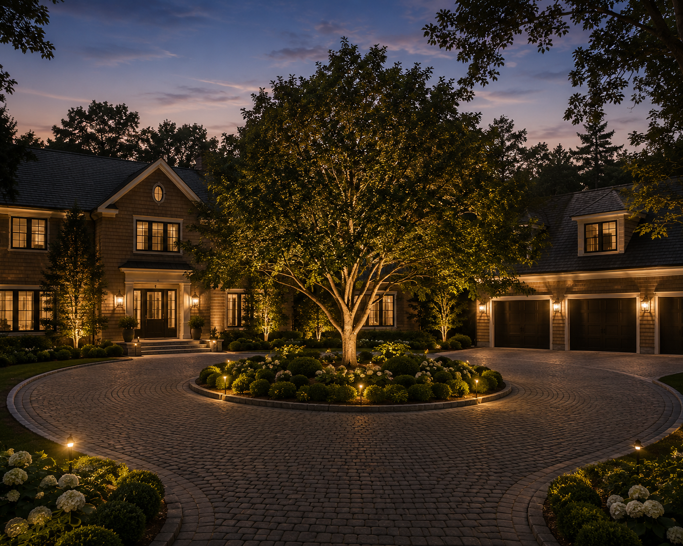 A luxurious house with a large tree in the front yard, illuminated by outdoor lighting at dusk. The house features a cobblestone driveway, multiple garage doors, and warm exterior lights. Long Island Hamptons New York