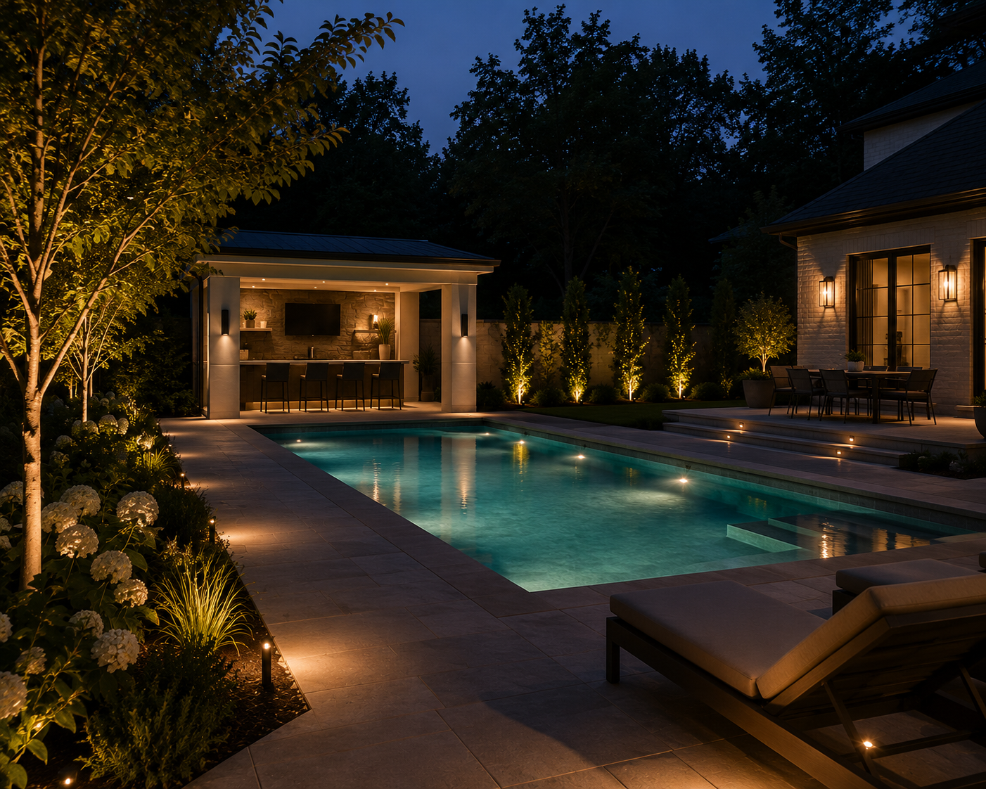 Night view of a backyard with a swimming pool, outdoor furniture, and landscaped garden illuminated by outdoor lights. Long Island Hamptons New York