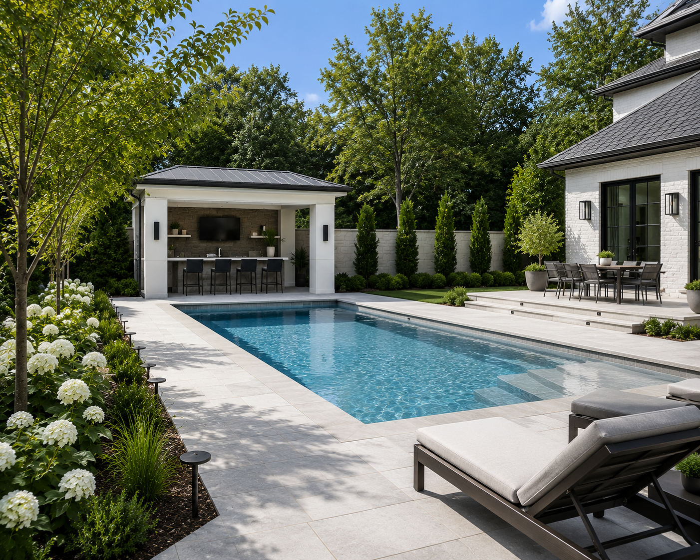 A modern backyard with a swimming pool, surrounded by greenery, lounge chairs, a dining area, and an outdoor bar with a television. Long Island Hamptons New York
