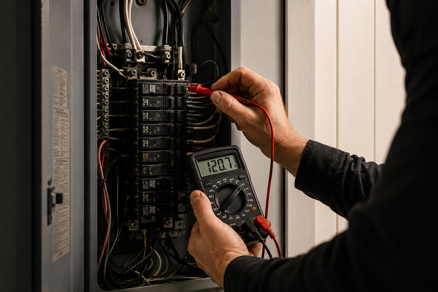 A person using a multimeter to measure electrical voltage inside an electrical panel. Long Island Hamptons New York