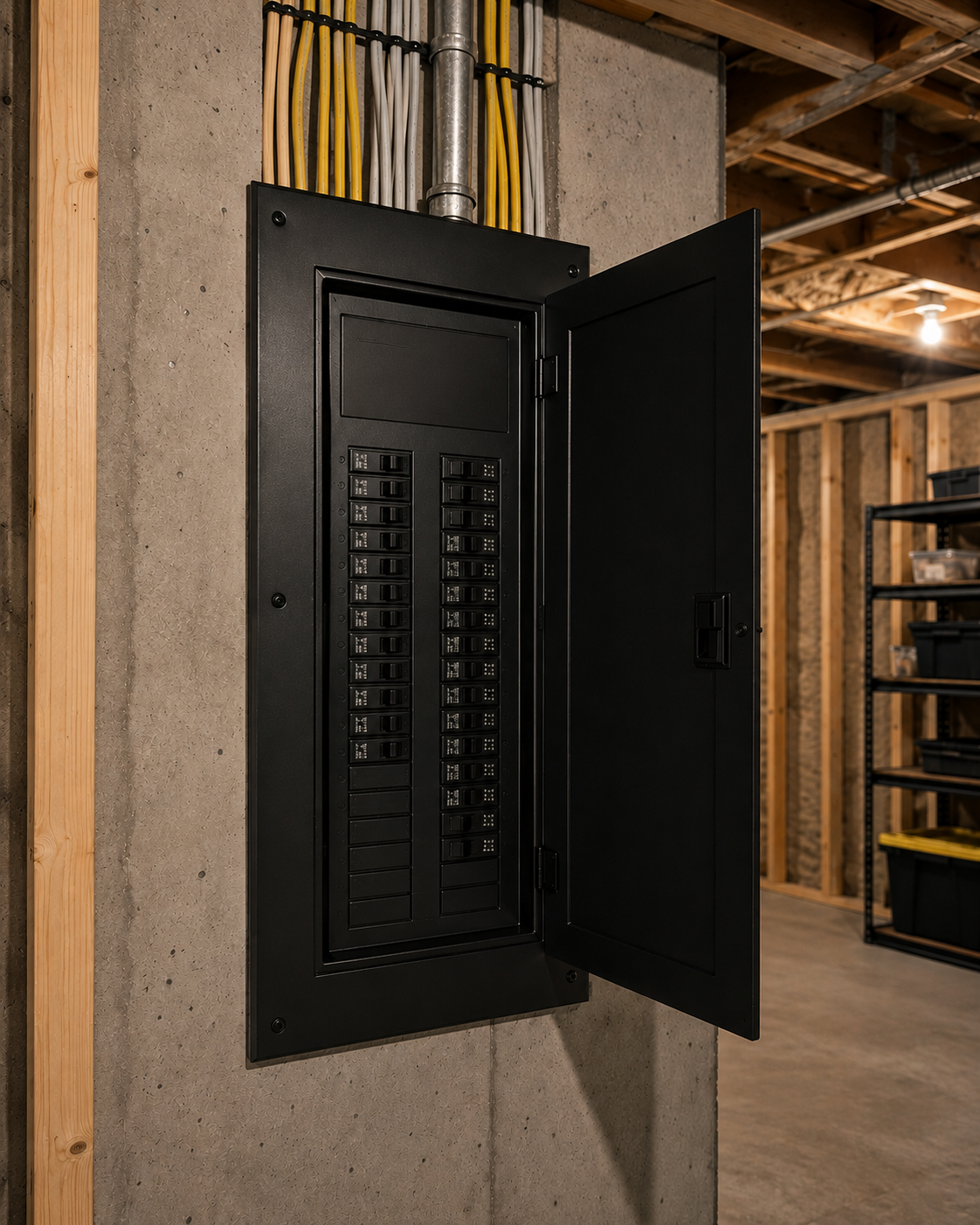 An electrical panel mounted on a concrete wall with an open door, showing circuit breakers inside. The background features a ceiling with exposed wooden beams and electrical wiring.Long Island Hamptons New York