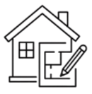 Outline of a house with a sloped roof, windows, and a door.
