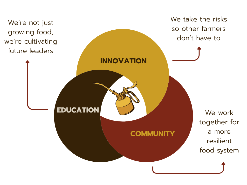Venn diagram showing the overlap of Education, Innovation, and Community in RGF's mission to build a resilient food system.
