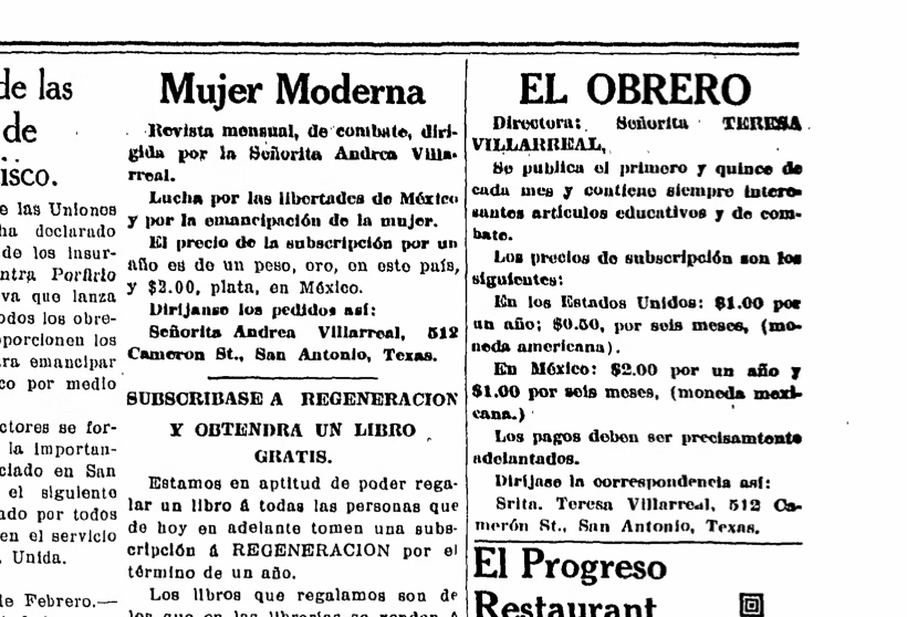  Advertisements for Mujer Moderna and El Obrero, Regeneración, February 25, 1911 