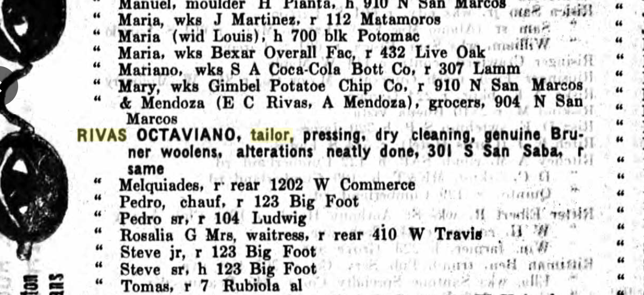  Margarita's Father, Octaviano Rivas, in the 1922 City of San Antonio Directory.  