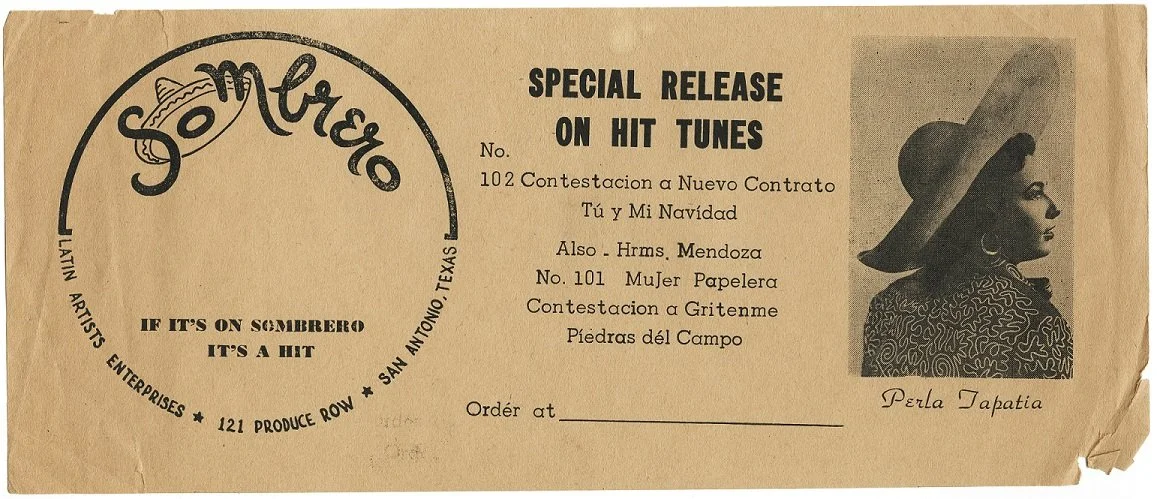 Advertisement for La Perla Tapatía's recording, on Sombrero Records, San Antonio, Texas, Courtesy Esperanza Peace and Justice Center, San Antonio, Texas