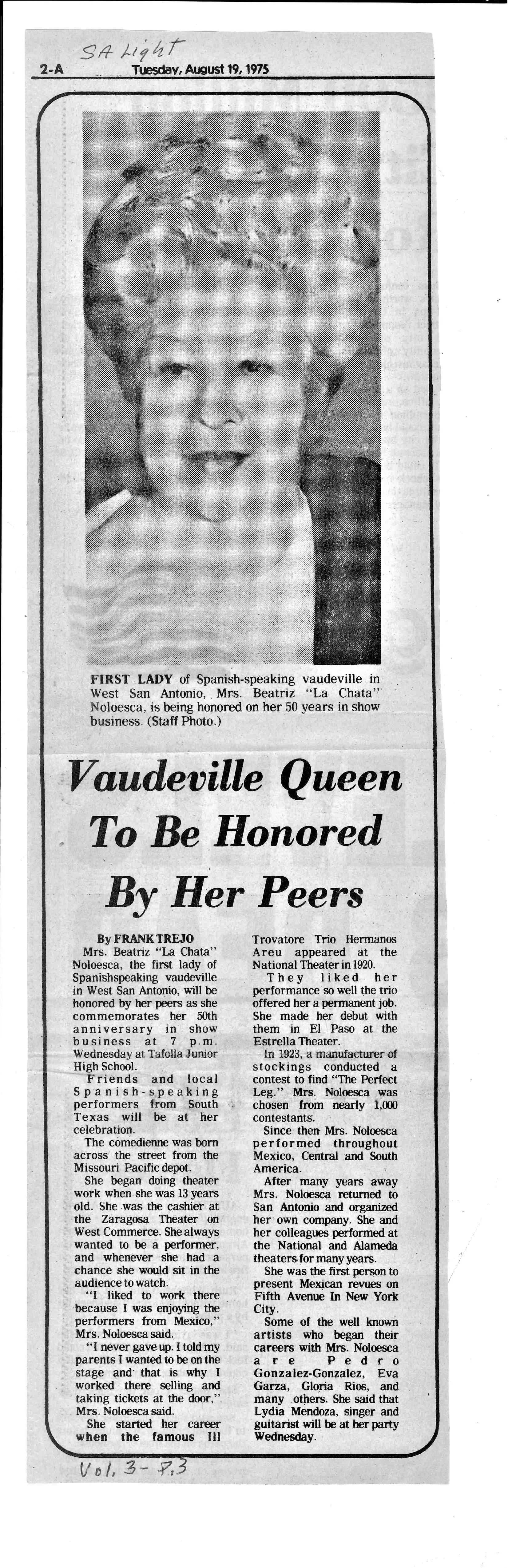 "Vaudeville Queen to Be Honored by her Peers"