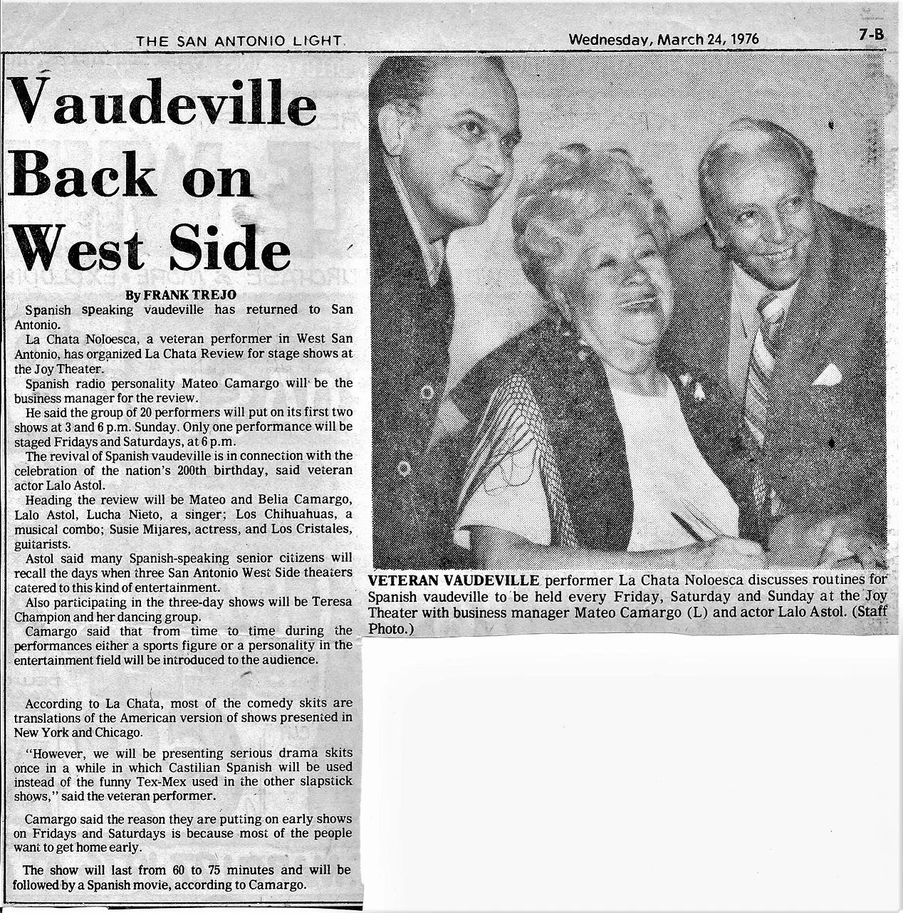 "Vaudeville Back on Westside," discussing routine for Joy Theater with Mateo Camargo and Lalo Astol, 1976, San Antonio Light, March 24, 1976