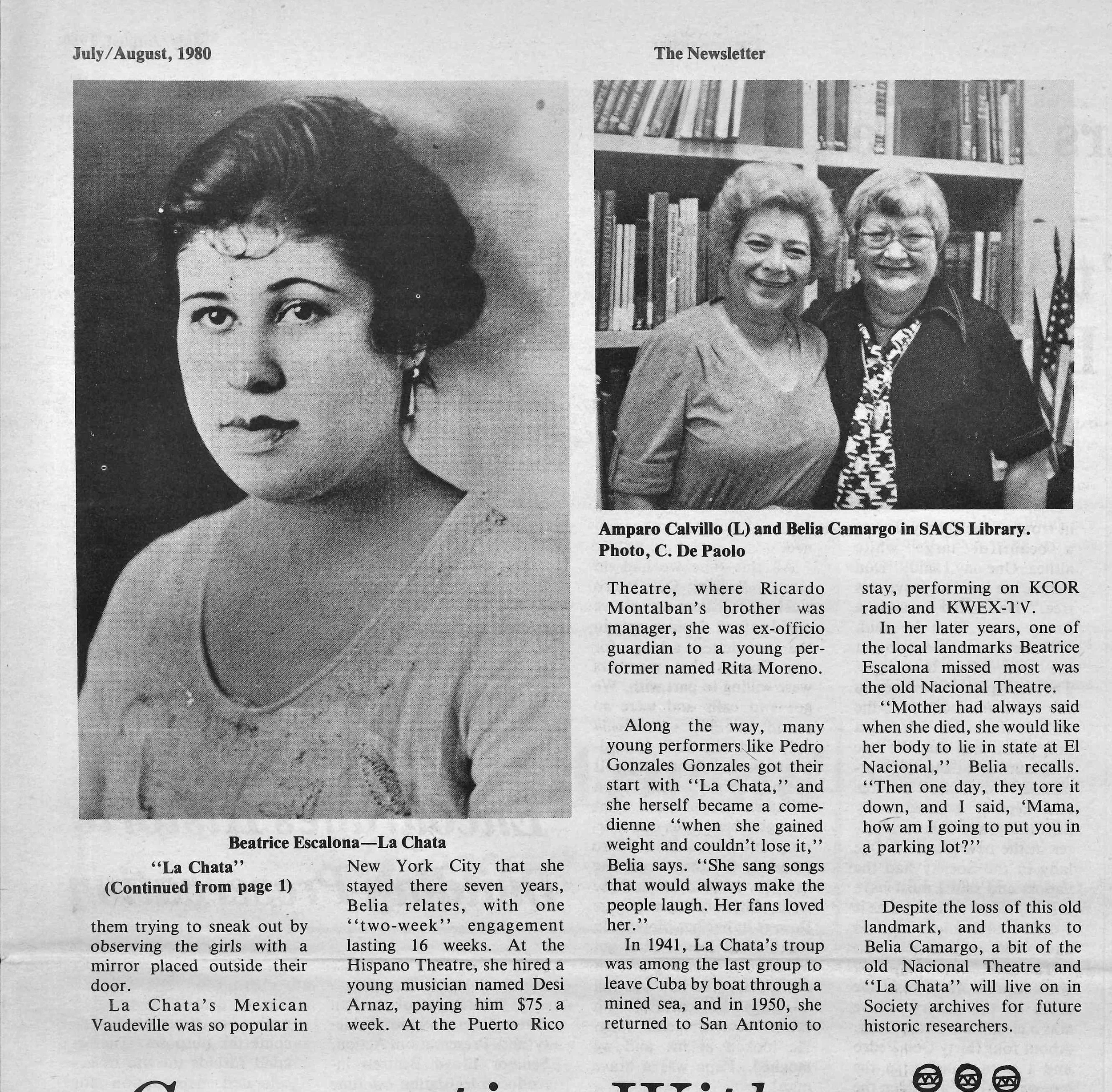 "La Chata" Scrapbooks Donated," page 2, San Antonio Conservation Society Newsletter, "La Chata' Scrapbooks Donated," July-August 1980, page 1