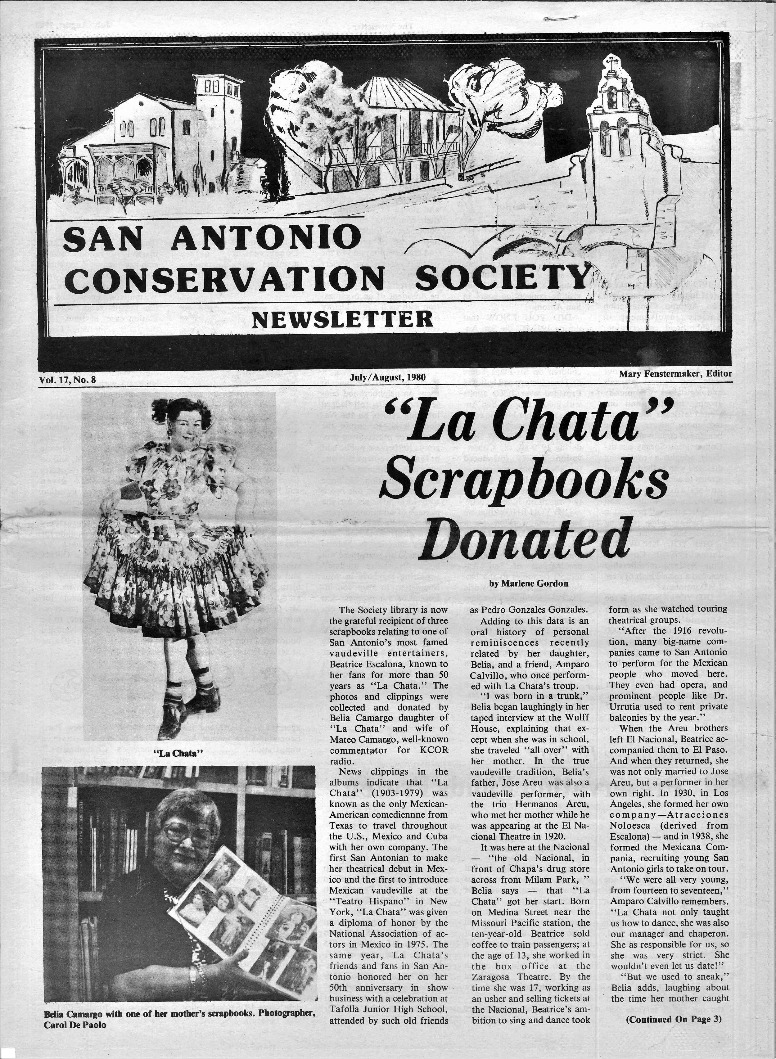 "La Chata" Scrapbooks Donated," page 1, San Antonio Conservation Society Newsletter, "La Chata' Scrapbooks Donated," July-August 1980, page 1