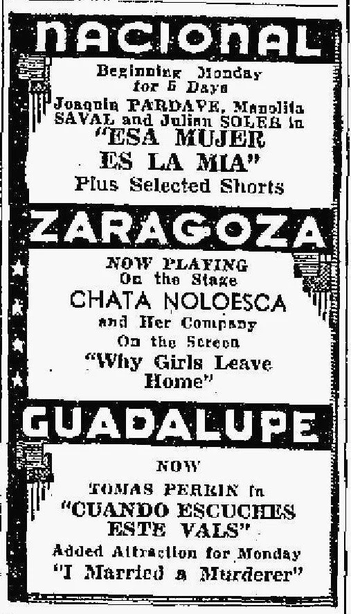 Ad for "La Chata" Nolesca performance at the Zaragosa Theater, 1946, San Antonio Light, March 31, 1946