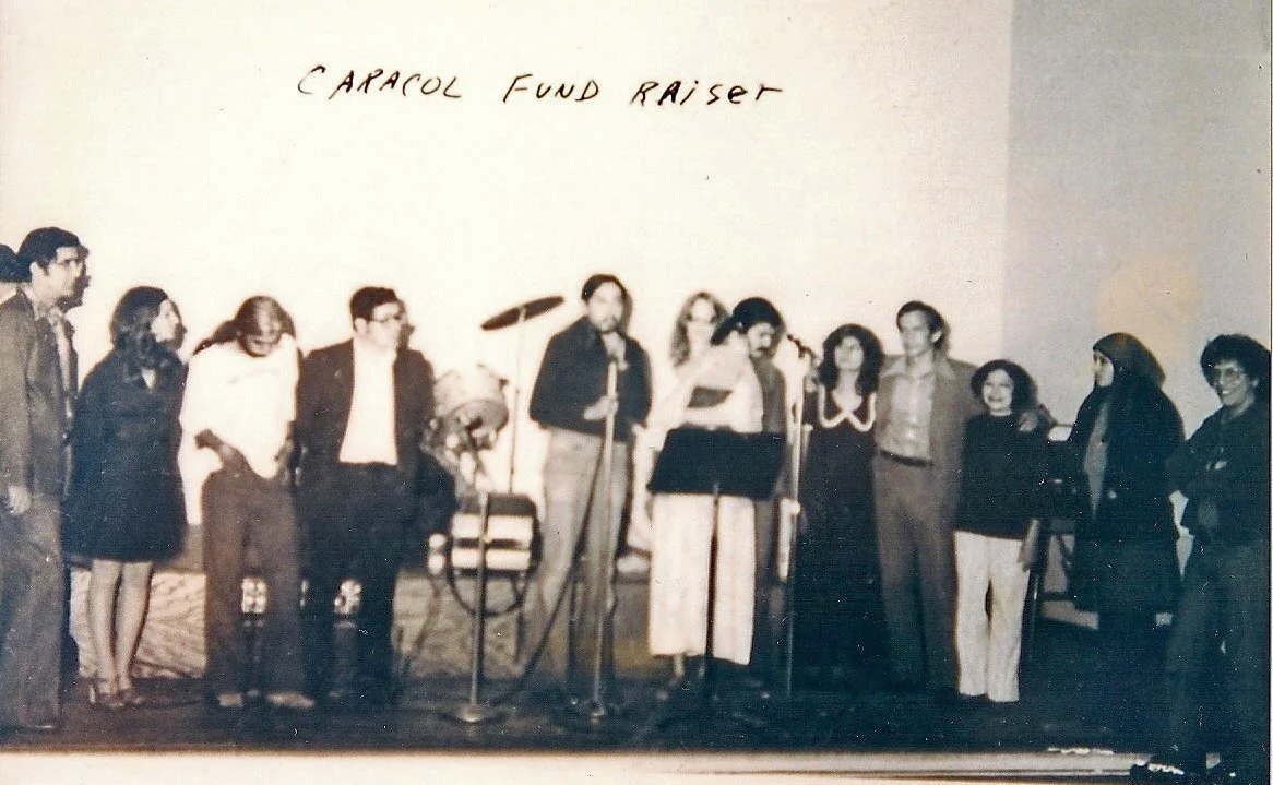  "A Caracol Fundraiser, in which we gathered poets and singers, including Juan Tejeda, Angela de Hoyos, Max Martinez, Cecilio Garcia Camarillo, Vangie Vigil, Reyes Cardenas and myself, to gether funds to keep Caracoal going on its usual shoestrong bu