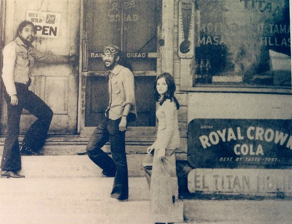 "Reyes Cardenas and Cecilio Garcia Camarillo with me," in front of a Westside tortilleria on Martin or Culebra St., 1976