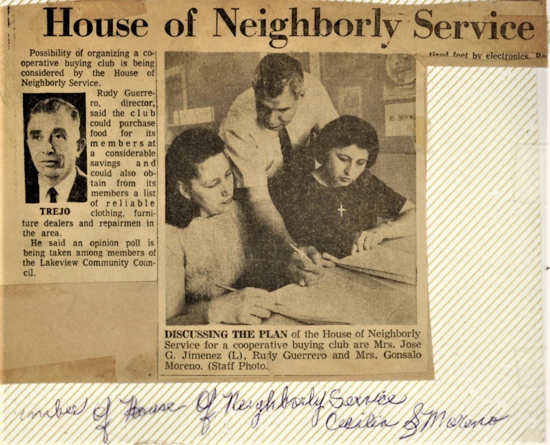 Discussing plan for House of Neighborly Services [407 N. Calaveras] cooperative buying club is Mrs. Jose. Jimenez, Rudy Guerrero, and Mrs. Gonsalo [Cecilia] Moreno, San Antonio Light, June 12, 1968