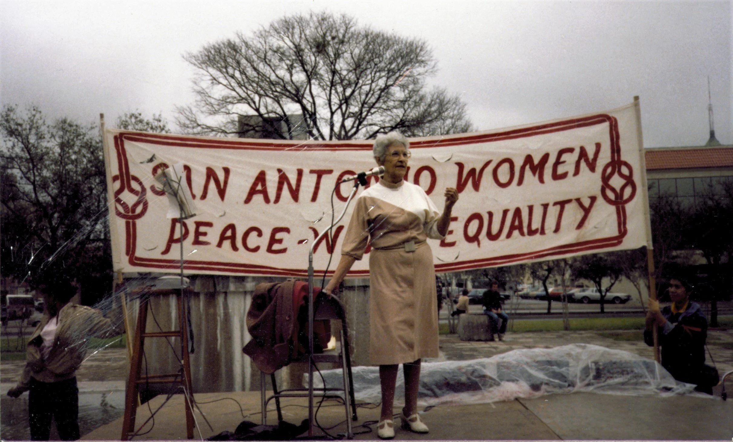 Emma Tenayuca, speaking at the Esperanza Peace and Justice Center International Women's Day March, in 1985