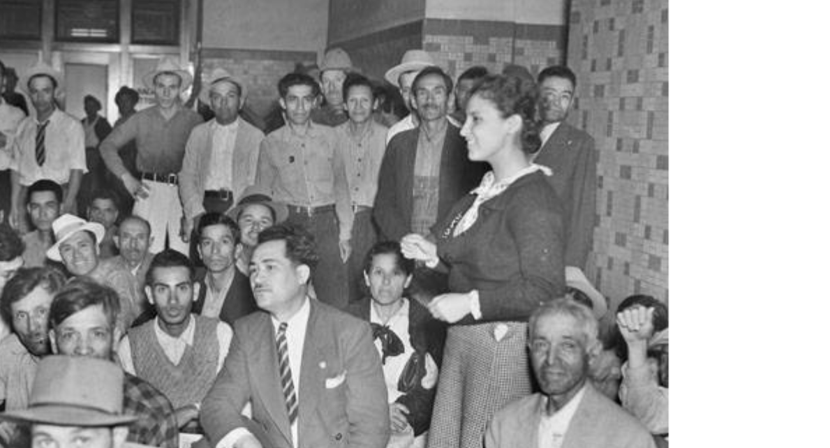 Emma Tenayuca and Jose E. Luna, organizers for the Workers' Alliance, with WPA and relief workers, In a sit-down strike at City Hall after being refused a permit for a May Day parade, April 26, 1937