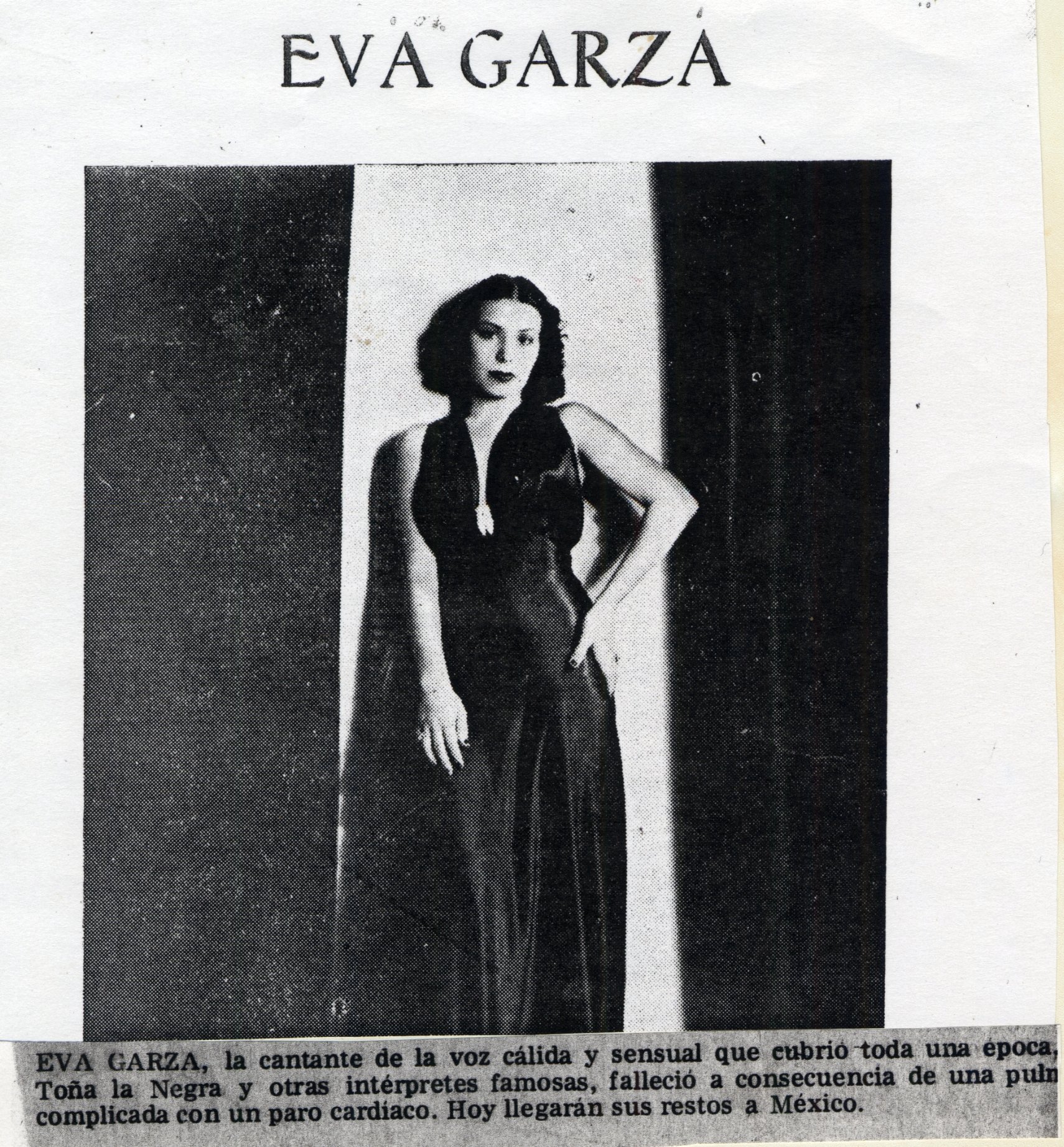 "Eva Garza...falleció"..Eva Garza died in Tucson, Arizona, at 49 years of age on November 1, 1966, Courtesy Esperanza Peace and Justice Center, San Antonio, Texas
