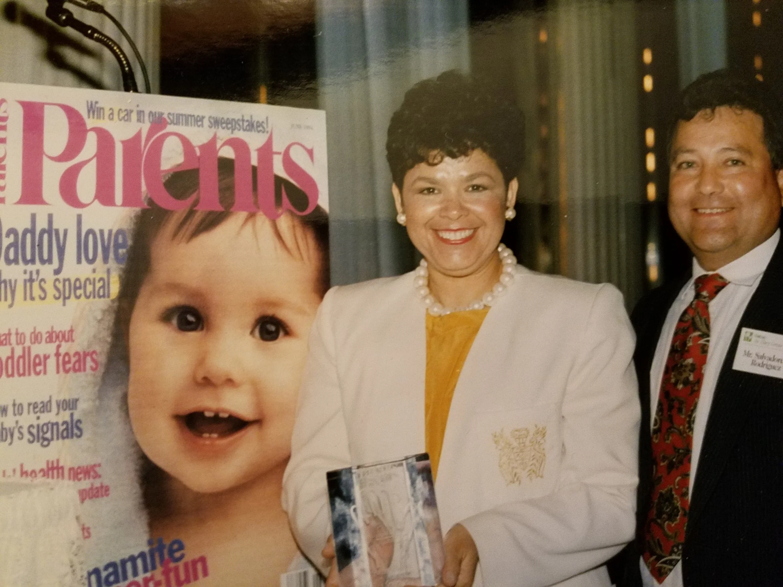 Gloria receiving the Social Action Award from Parents Magazine. Photo courtesy of Gloria G. Rodriguez. Not to be republished without her permission. 