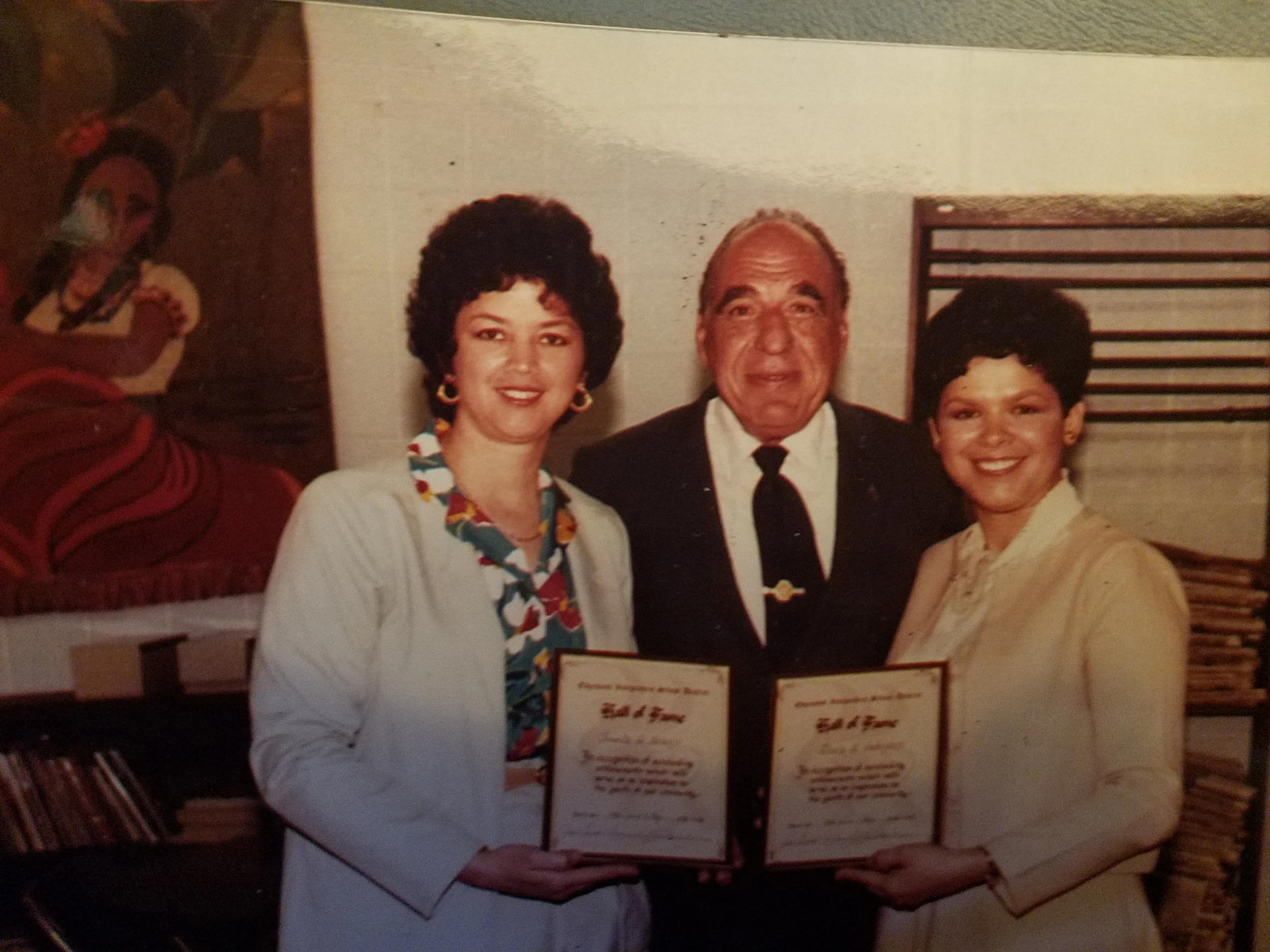  Gloria and sister Susie Garza Navarijo, when they were inducted into the Edgewood ISD Hall of Fame, 1983. Gloria and Susie were both PTE graduates and teachers at the same elementary school. Susie remained teaching in the same 1st grade in the same 