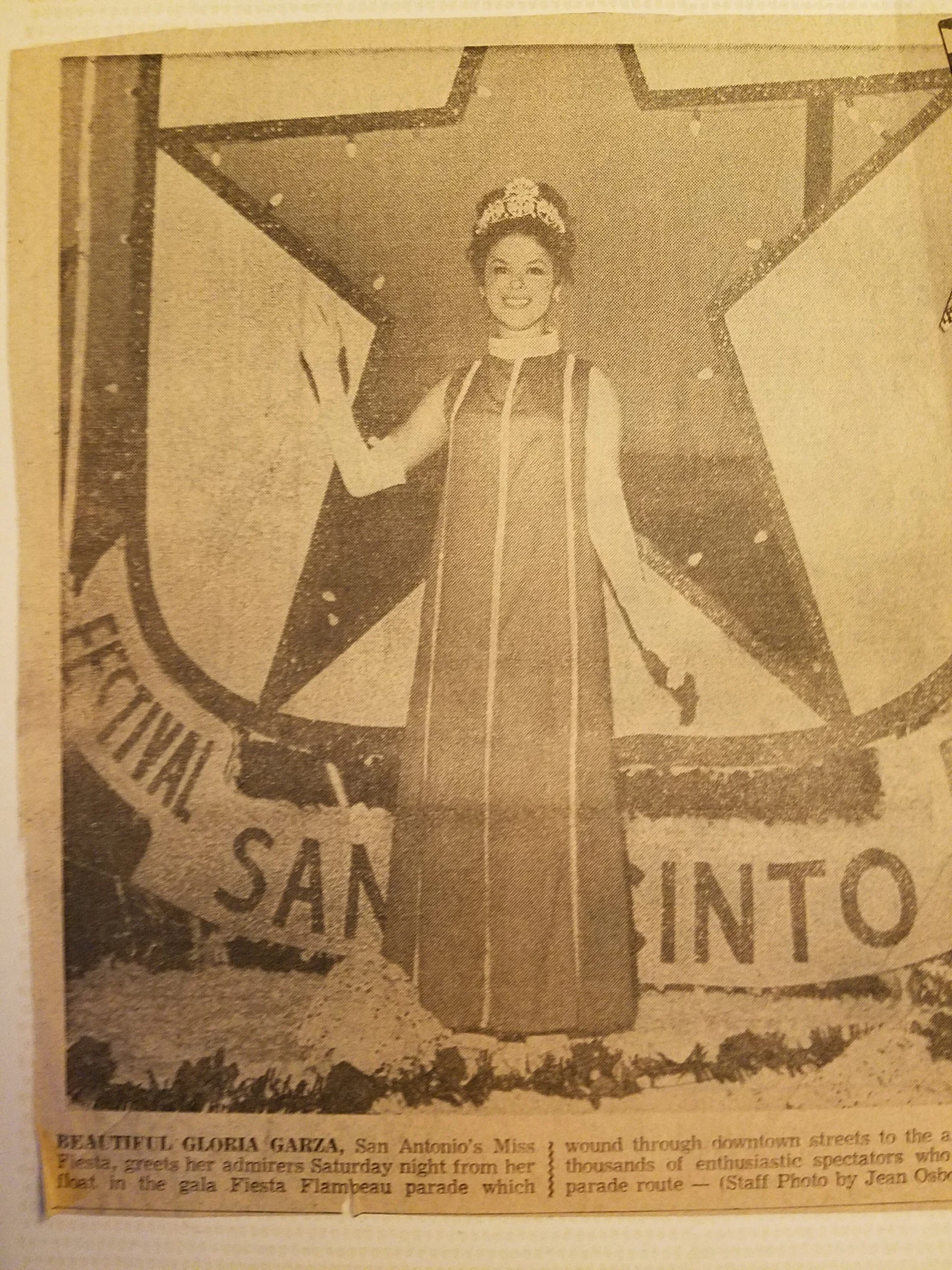 Gloria as Miss Fiesta in 1970, representing Our Lady of the Lake University. She also represented San Antonio in the Tournament of Roses Parade.