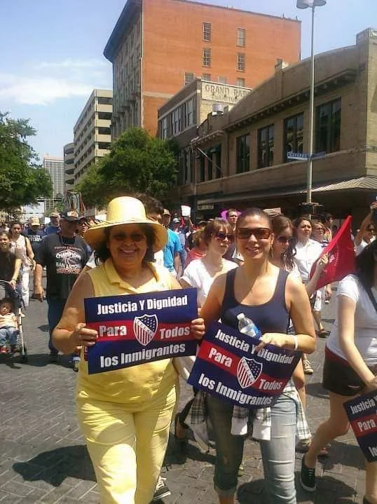 Gloria and her daughter Vanessa marching for immigrant rights. Photo courtesy of Gloria G. Rodriguez. Not to be republished without her permission. 