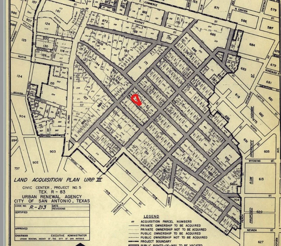 Picture of Hemisfair neighborhood with original site of English Printing Company, Courtesy Gene Morales
