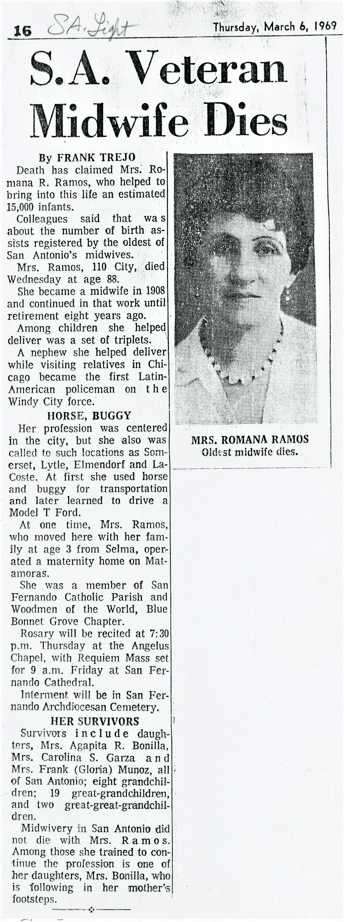 "S.A. Veteran Midwife Dies," article upon the death of  Romana R. Ramos, who became a midwife in 1908, retiring in 1961, and delivering an estimated 15,000 infants. 
