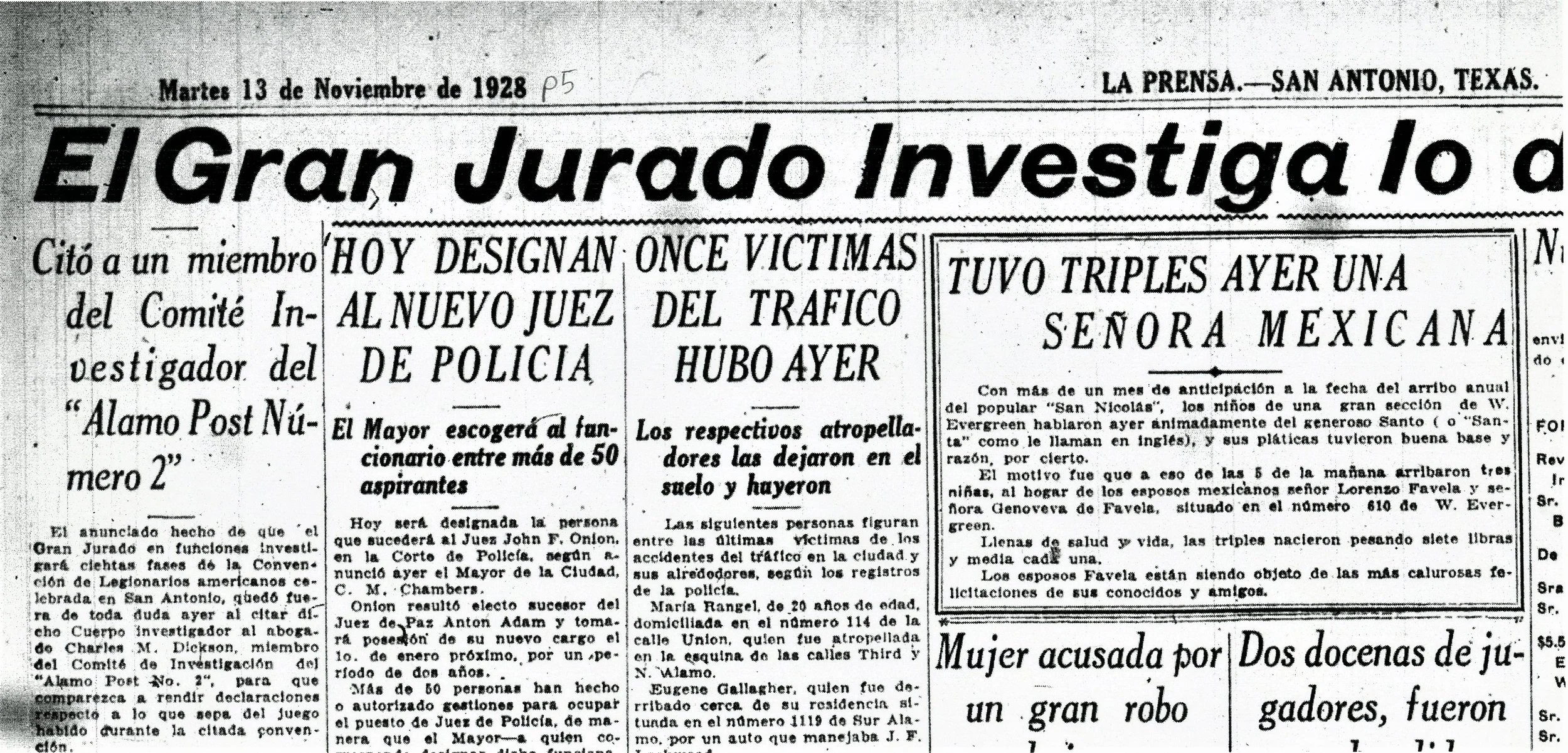 Triplets delivered by Romana Ramos, La Prensa newspaper article, November 13, 1928, page 5