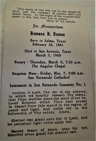 Memorial card for Romana Ramos, San Fernando Cathedral funeral service, March 7, 1969, From the home of Romana Ramos' niece, Josephine O'Rourke 