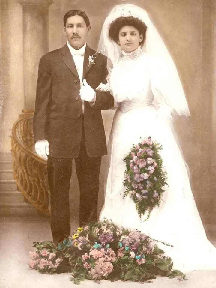 Mary Agnes' grandparents, Rosina Benavides Rodríguez and Simon Torres Rodríguez's wedding picture, 1908, Courtesy of Mary Agnes Rodríguez 