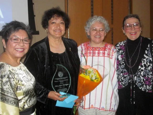 Rodríguez receiving Advocate of the Year award by the UTSA Women's Studies Institute, 2012. Pictured with fellow awardees Graciela Sánchez, Patricia Castillo, and Ginger Purdy. 