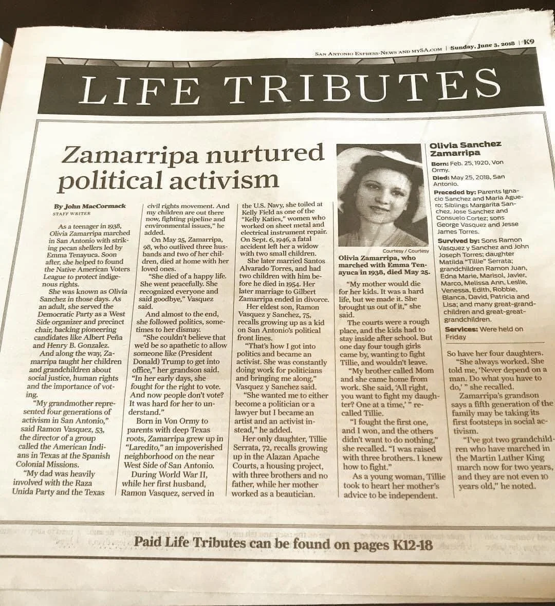 Olivia Sánchez Zamarripa obituary, San Antonio Express News, June 3, 2018, Courtesy of Ramón Vasquez
