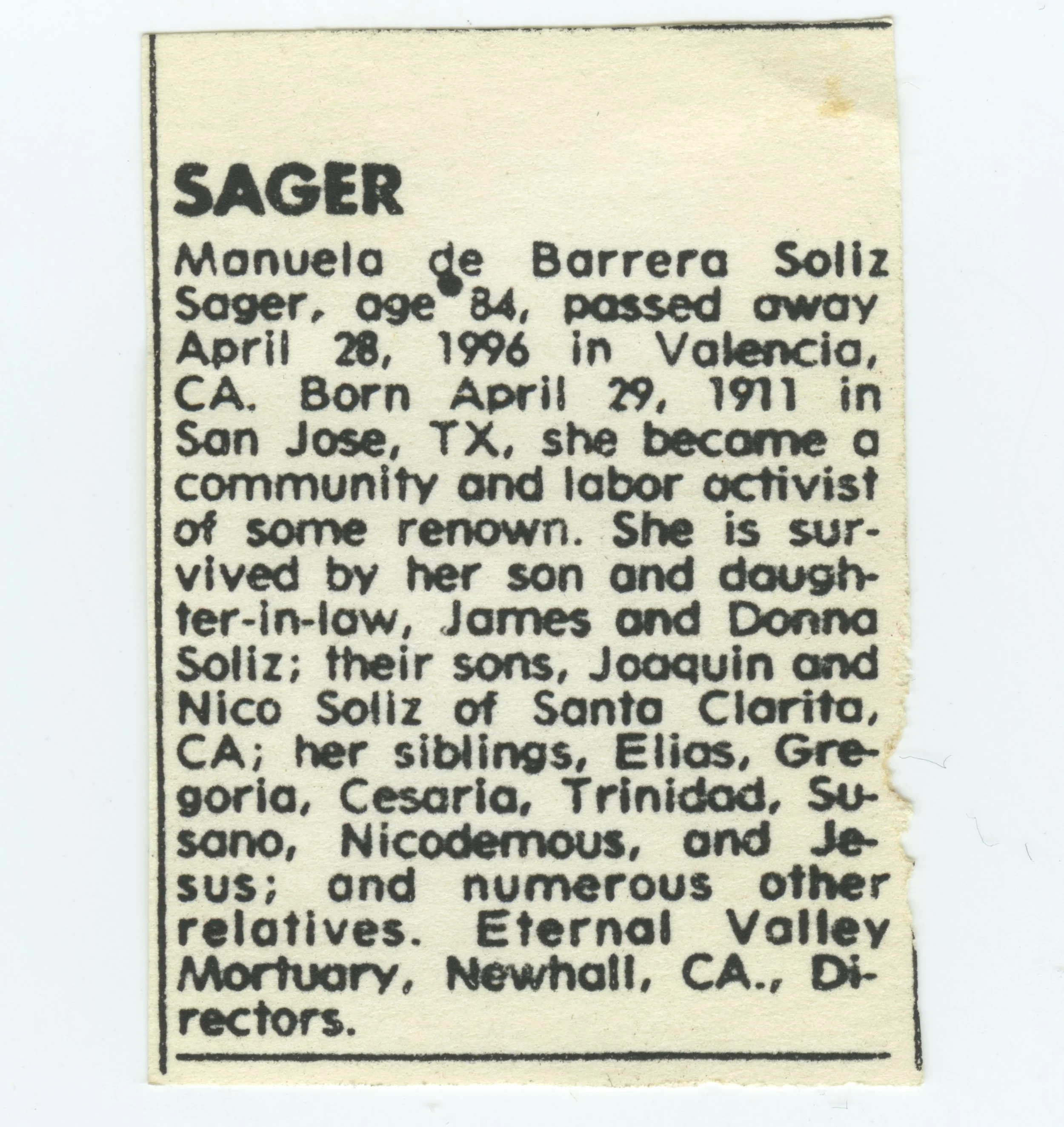 Manuela Solís Sager obituary, April 29th, 1911 -  April 28th, 1996, Courtesy Esperanza Peace and Justice Center, San Antonio, Texas