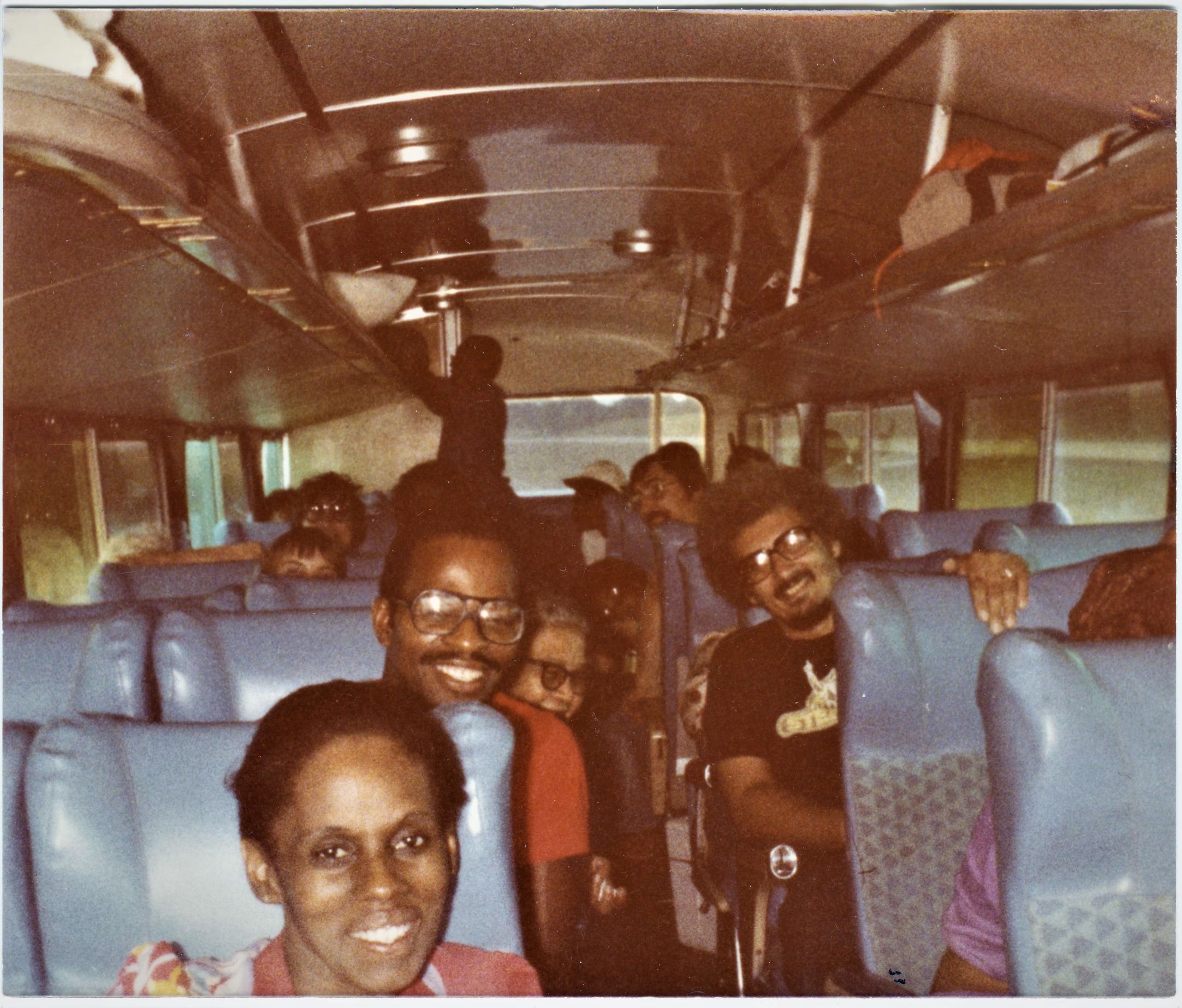 Manuela Solís Sager and Mario Marcel Salas, on the bus to the 20th Anniversary March for Jobs and Freedom, Washington, D.C., August 27th, 1983