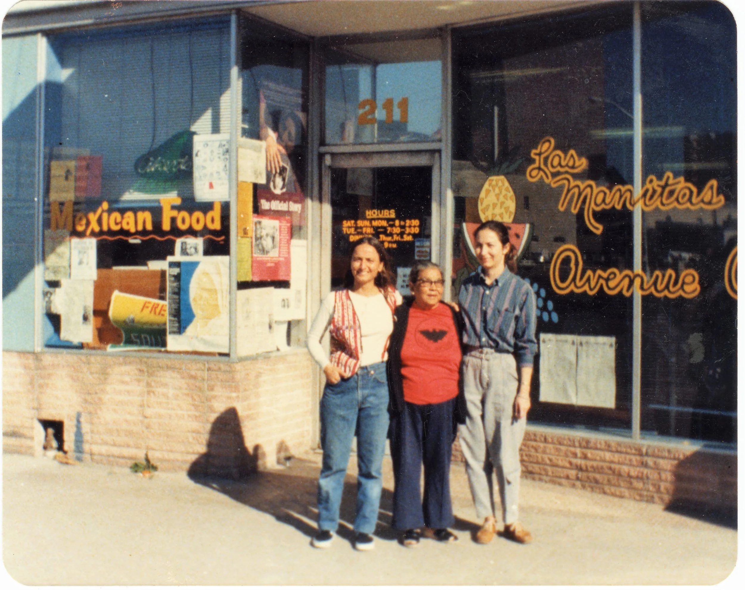 Manuela Solís Sager in 1986, with Cynthia and Libby Perez, in front of their restaurant Las Manitas, Austin, Texas, Courtesy Esperanza Peace and Justice Center, San Antonio, Texas