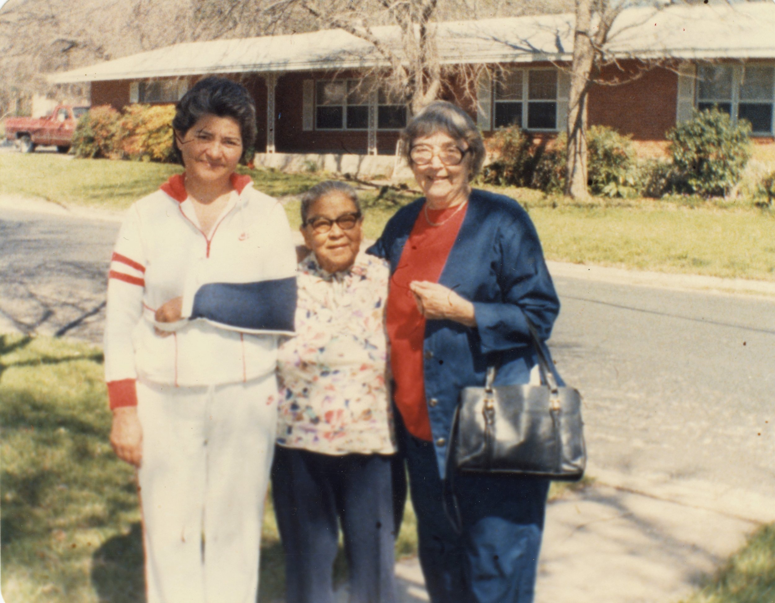Manuela Solís Sager in 1986, with union organizers Rebecca Flores [Harrington] (Texas Farmworkers), and Latane Lambert (1930s pecan shellers strikes and Texas Civil Liberties Union)