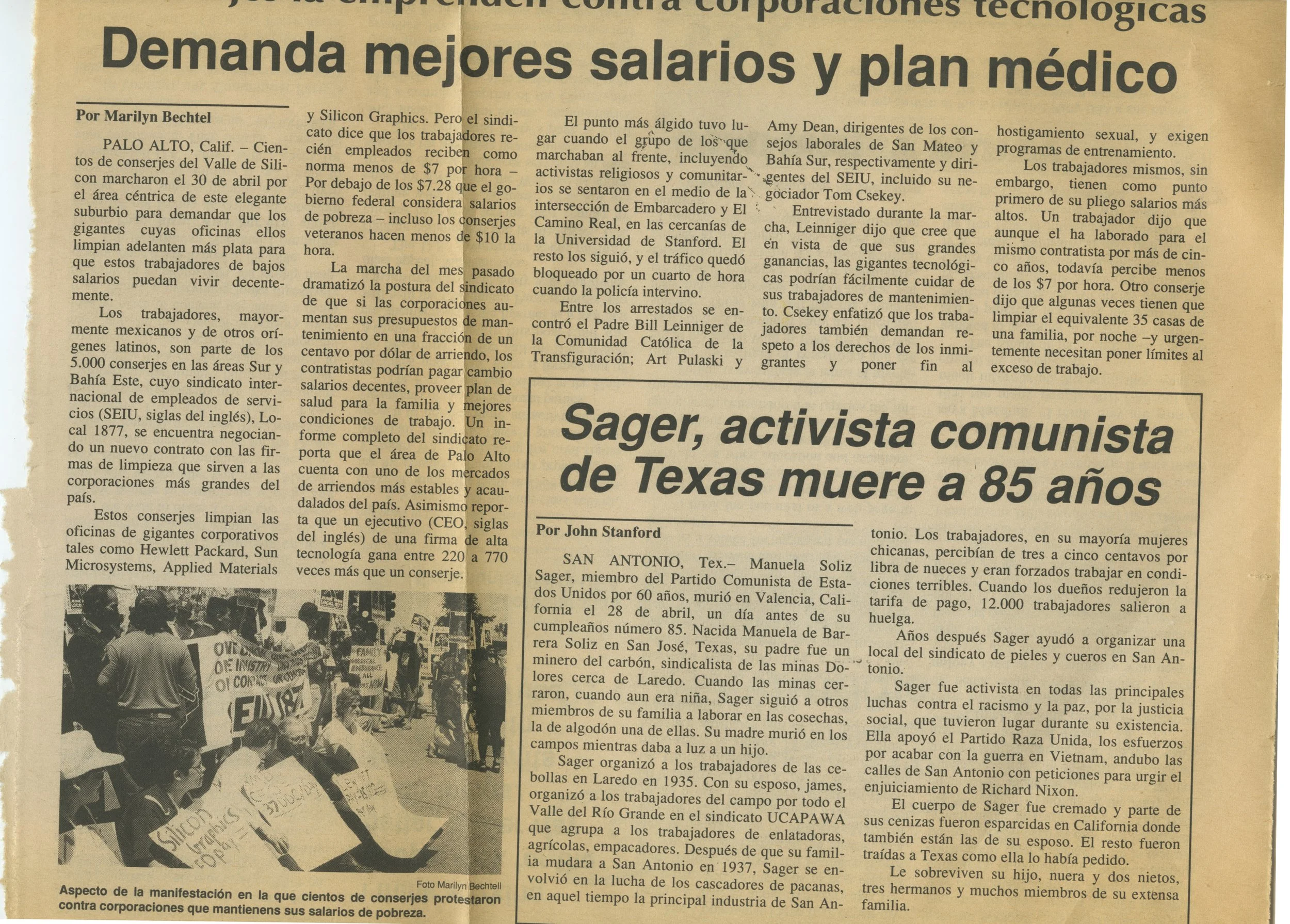 Manuela Solís Sager obituary, written by John "Juancho" Stanford, in People's Weekly World newspaper, May 25th, 1996. Courtesy Esperanza Peace and Justice Center, San Antonio, Texas