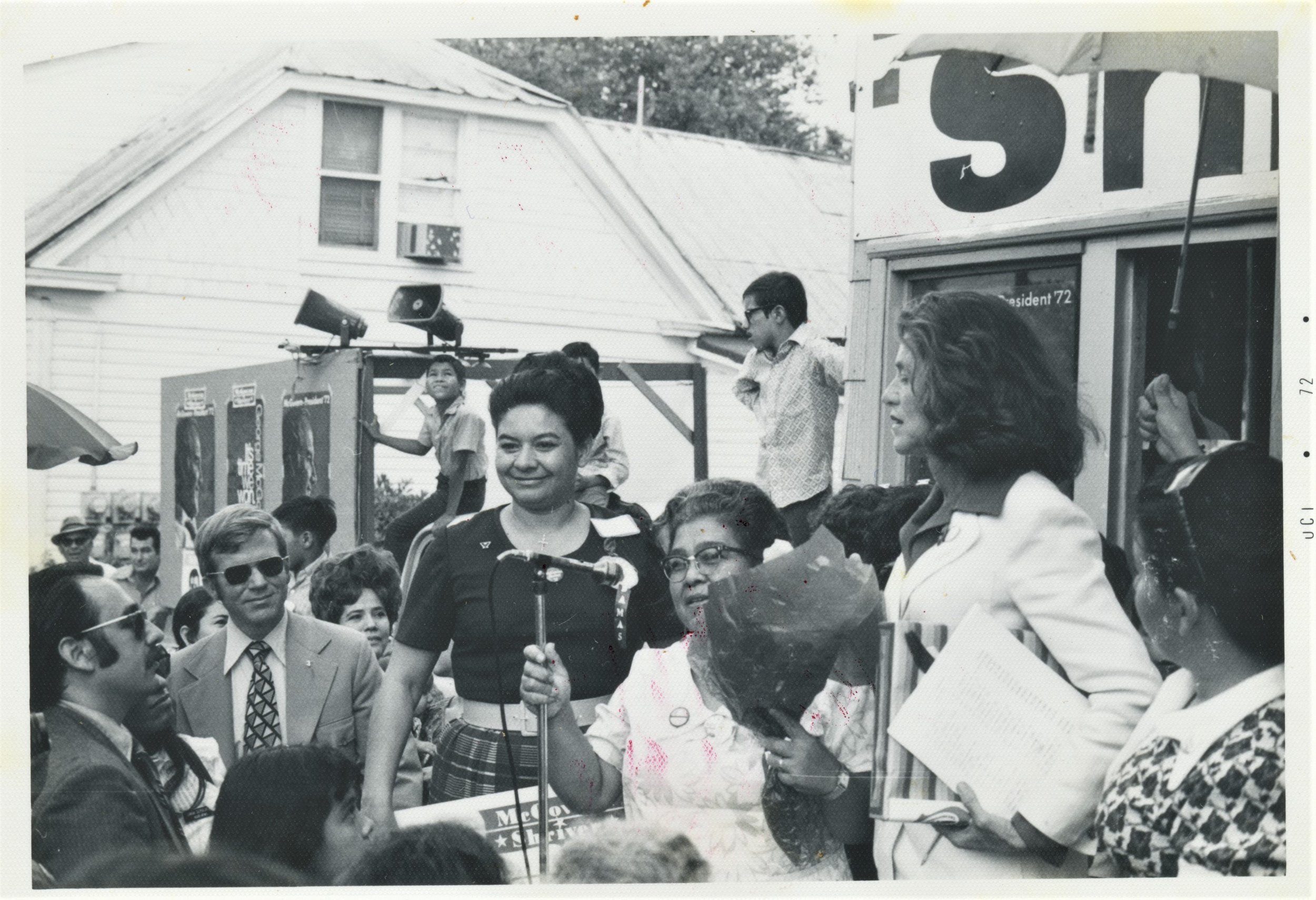Mauela Solís Sager speaking at McGover-Shriver presidential race rally, with Eunice Kennedy Shriver, 1972, Courtesy Esperanza Peace and Justice Center, San Antonio, Texas
