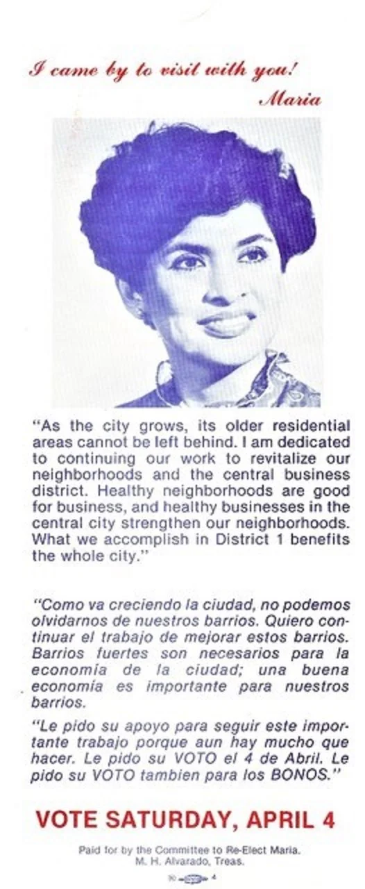  María Antonietta Berriozábal's campaign for City Council District 1, 1981. She served that district for five terms from 1981 to 1991. Courtesy of María Antonietta Berriozábal