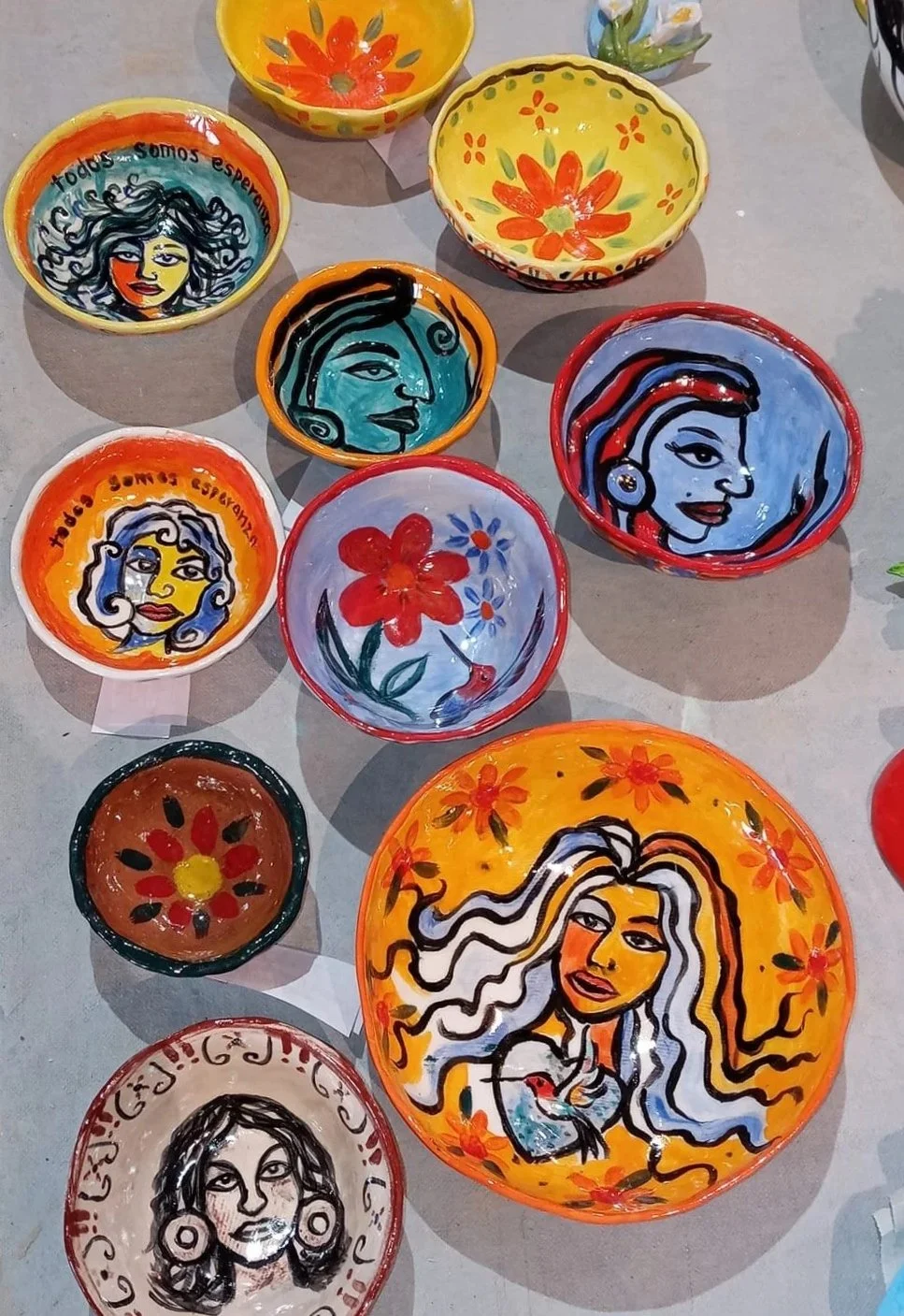 Collection of Rodríguez's ceramic bowls, Mujer Arte studio, Courtesy of Mary Agnes Rodríguez 