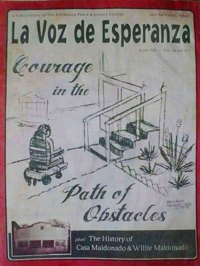 Cover of La Voz de Esperanza, June 2011, Mary Agnes' sketch of her lack of access to the Mujer Arte Studio, Courtesy of Esperanza Peace and Justice Center 
