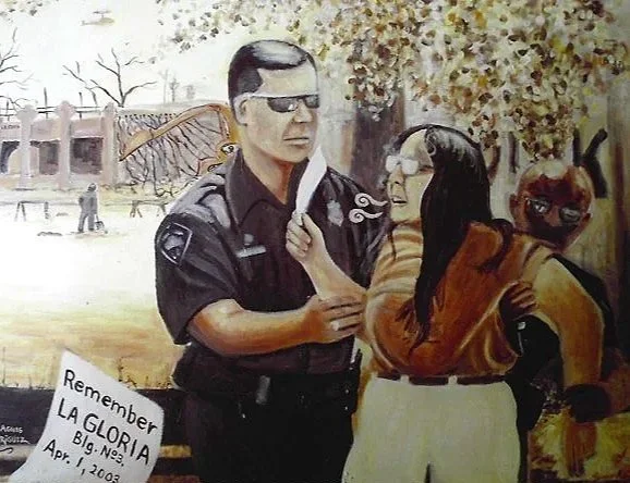 Rodríguez's painting of Gloria Ramirez being grabbed by a SWAT team, 2003, Courtesy of Mary Agnes Rodríguez