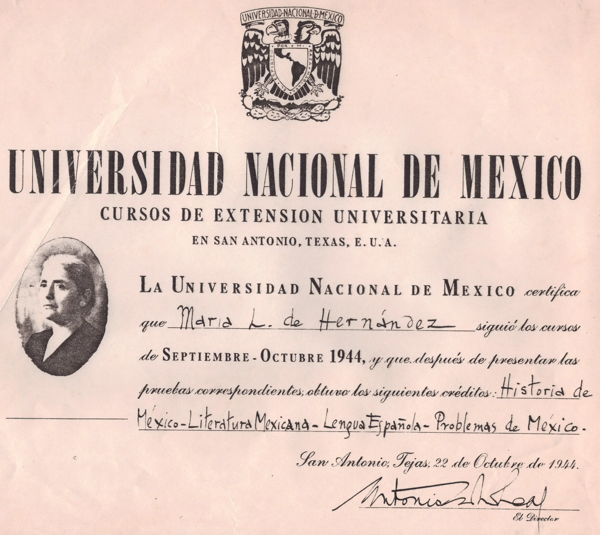 Hernández completed UNAM (Universidad Nacional Autónoma de México) courses in 1944. Photo courtesy of Alice H. Galindo
