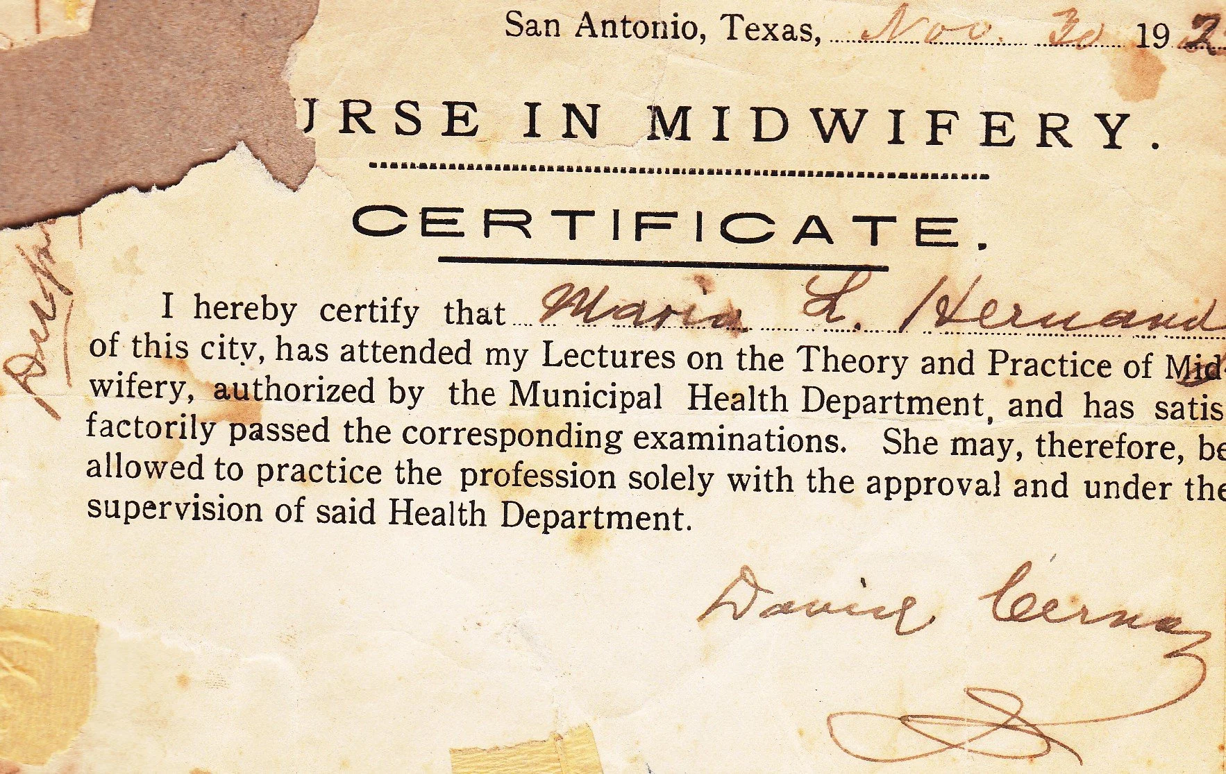 1927 Midwife certificate - María was among the first midwives certified by Bexar County in 1927